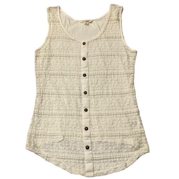 Zenana Outfitters Lace Mesh Sheer Faux Button Off White Tank Top - Picture 1 of 5